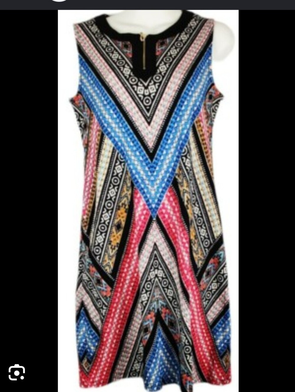 Rafaella V‑Panel Sleeveless Maxi Dress — Blue, Pink & Black Geometric